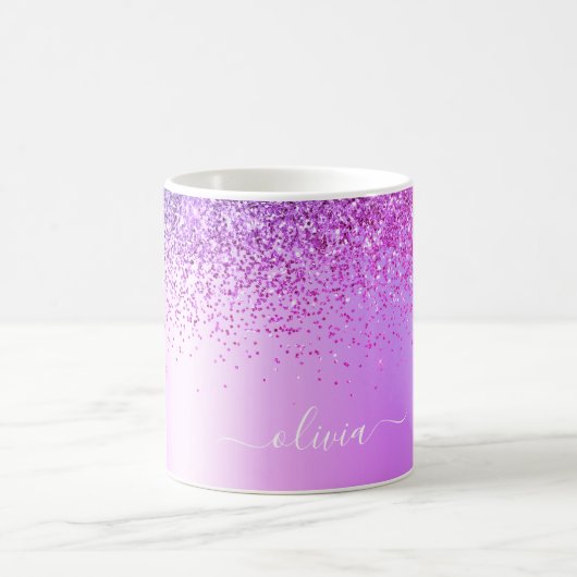 Paarse Glitter Monogram Naam Luxe Meisjesachtig Koffiemok (Center)
