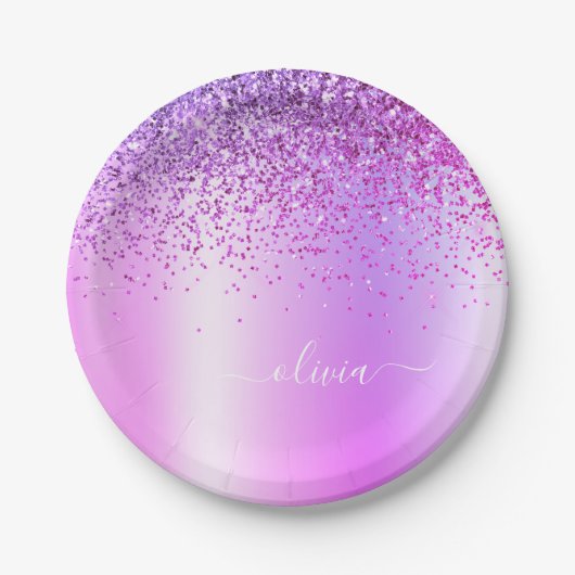 Paarse Glitter Monogram Naam Luxe Meisjesachtig Papieren Bordje (Voorkant)
