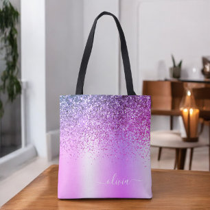 Paarse Glitter Monogram Naam Luxe Meisjesachtig Tote Bag