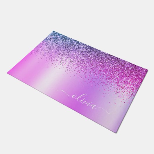Paarse Glitter Monogram Naam Luxury Girly Deurmat (Schuin)