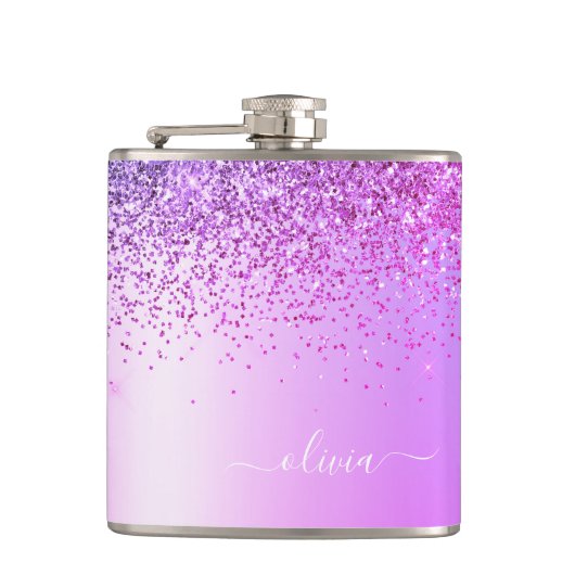 Paarse Glitter Monogram Naam Luxury Girly Heupfles (Voorkant)