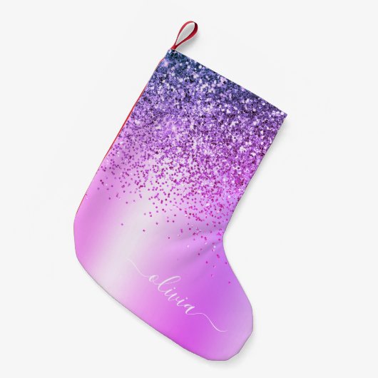 Paarse Glitter Monogram Naam Luxury Girly Kleine Kerstsok (Voorkant (Hangend))