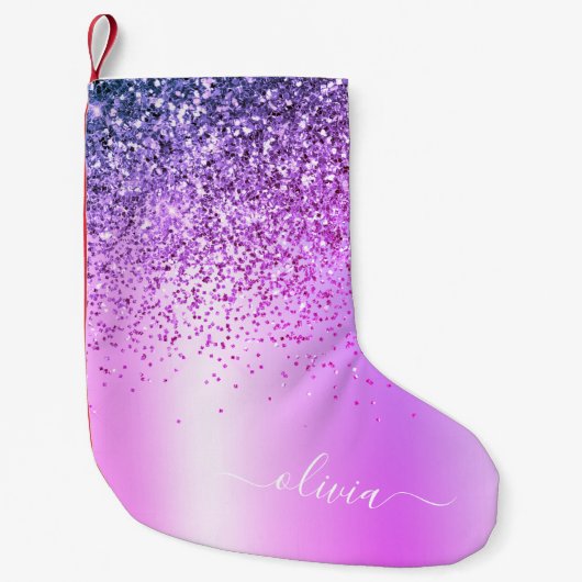 Paarse Glitter Monogram Naam Luxury Girly Kleine Kerstsok (Voorkant)