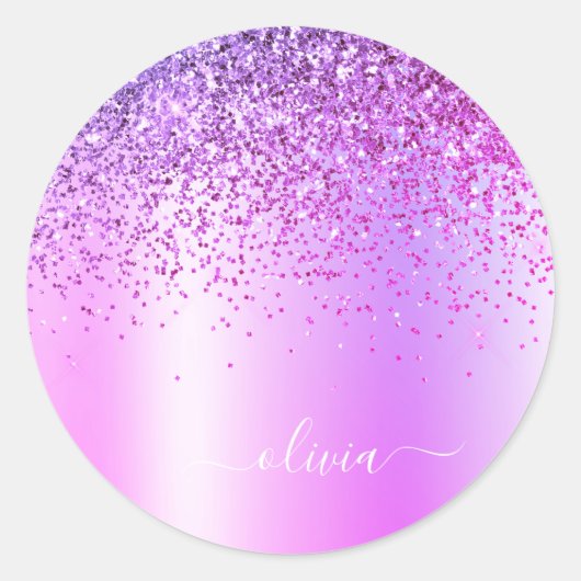 Paarse Glitter Monogram Naam Luxury Girly Ronde Sticker (Voorkant)