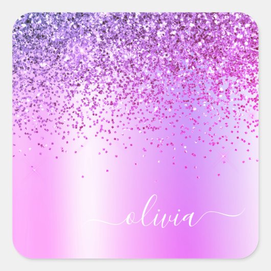 Paarse Glitter Monogram Naam Luxury Girly Vierkante Sticker (Voorkant)