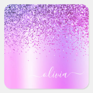 Paarse Glitter Monogram Naam Luxury Girly Vierkante Sticker
