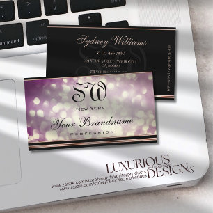 Paarse Glitter Monogram Zwart Roos Gouden Rand Visitekaartje
