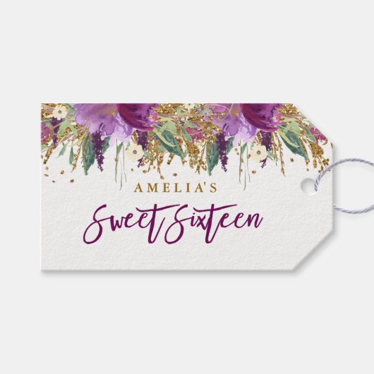 Paarse Glitter Mousserende Amethist Sweet 16 Label Cadeaulabel (Voorkant (Horizontaal))