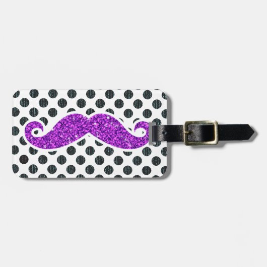 PAARSE GLITTER MUSTACHE POLKA DOTS BAGAGELABEL (Voorkant horizontaal)