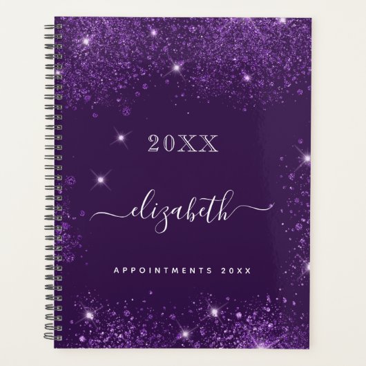 Paarse glitter name script 2023 planner (Voorkant)