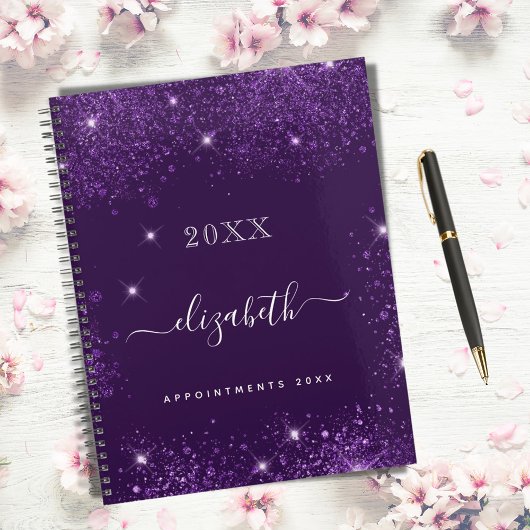 Paarse glitter name script 2023 planner
