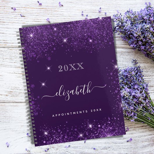 Paarse glitter name script 2023 planner