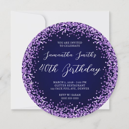 Paarse Glitter Navy Ombre 40th Birthday Kaart (Voorkant)