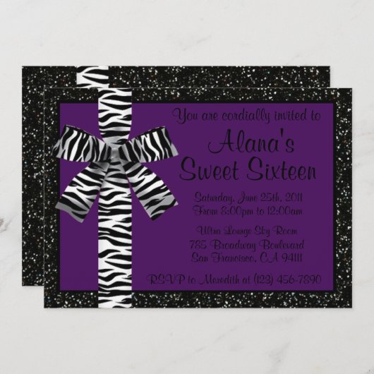 Paarse glitter nodigt u uit met Zebra Print Bow Kaart (Voorkant / Achterkant)