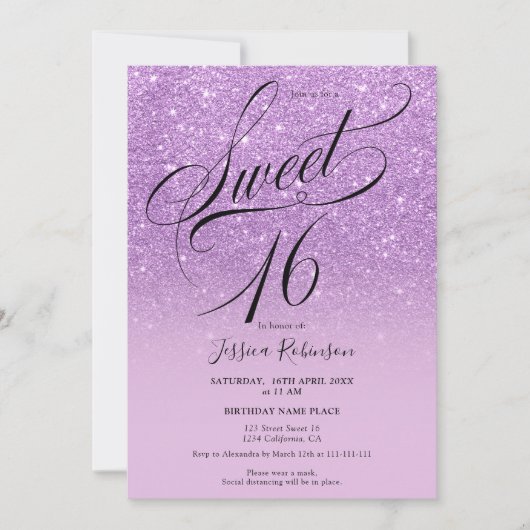 Paarse glitter ombre chic script Sweet 16 Kaart (Voorkant)