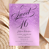 Paarse glitter ombre chic script Sweet 16 Kaart