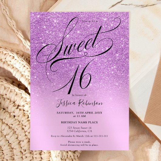 Paarse glitter ombre chic script Sweet 16 Kaart