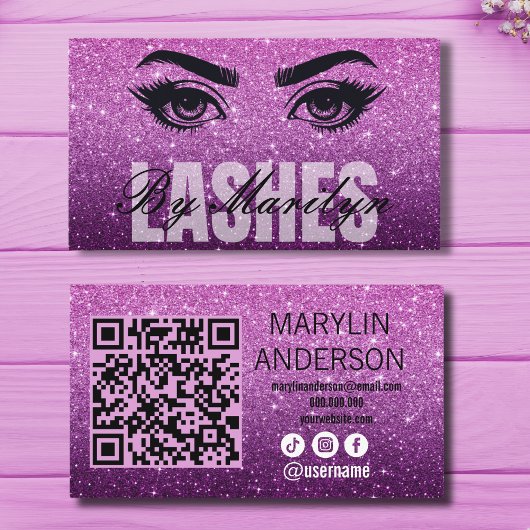 Paarse Glitter Ombre Lash Business met QR-code Visitekaartje
