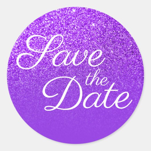 Paarse Glitter Ombre Save the Date Ronde Sticker (Voorkant)