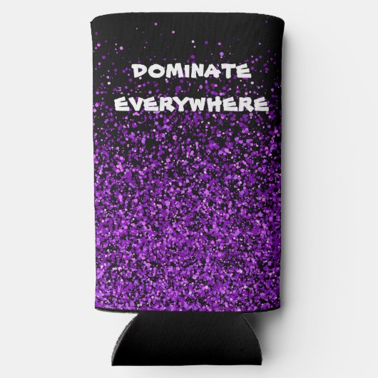 Paarse glitter op zwart domineren overal | seltzer blikjeskoeler (Achterkant)