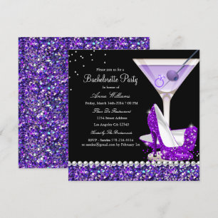 Paarse Glitter Parel Bachelorette Feest Uitnodigin Kaart