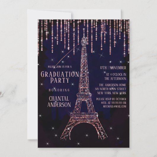 Paarse Glitter Paris Eiffel Tower Graduparty Kaart (Voorkant)