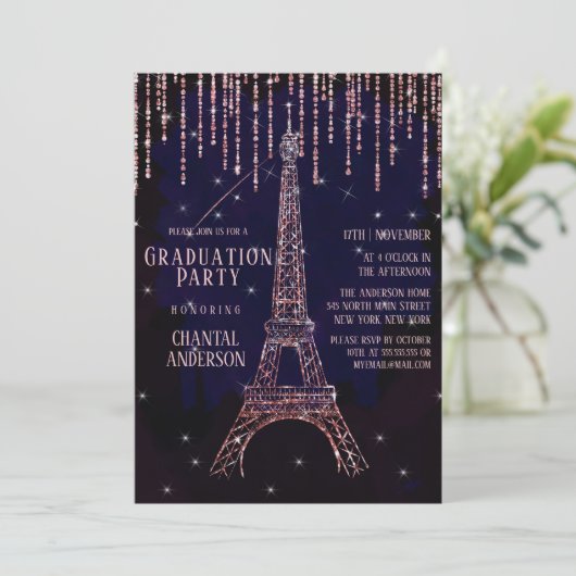 Paarse Glitter Paris Eiffel Tower Graduparty Kaart (Staand voorkant)
