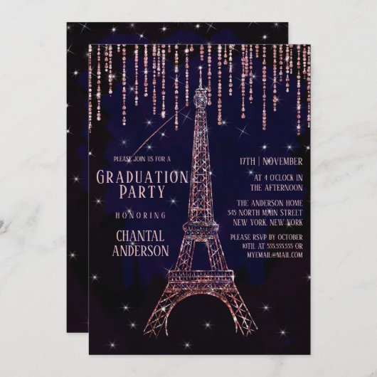 Paarse Glitter Paris Eiffel Tower Graduparty Kaart (Voorkant / Achterkant)