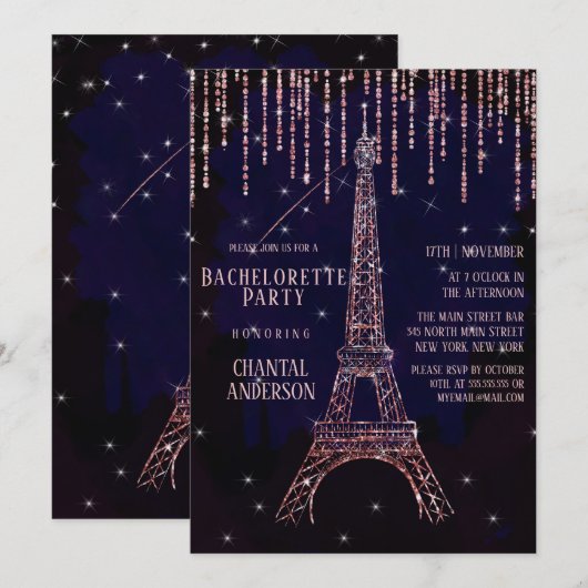 Paarse Glitter Paris Eiffeltoren Bachelorette Kaart (Voorkant / Achterkant)