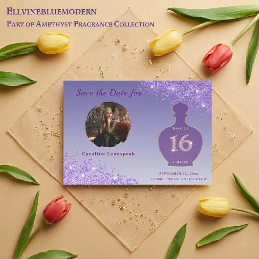 Paarse Glitter Paris Geur Studio Sweet 16 Save The Date