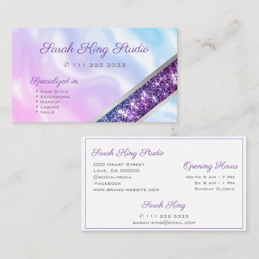 Paarse Glitter Pastel Pink Blue Ombre Waterverf Visitekaartje (Voorkant / Achterkant)