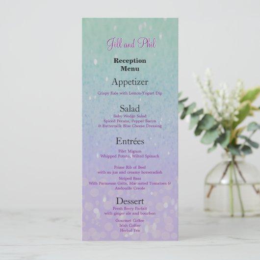 Paarse Glitter Patio Lantern Confetti Glam Glow Menu (Staand voorkant)