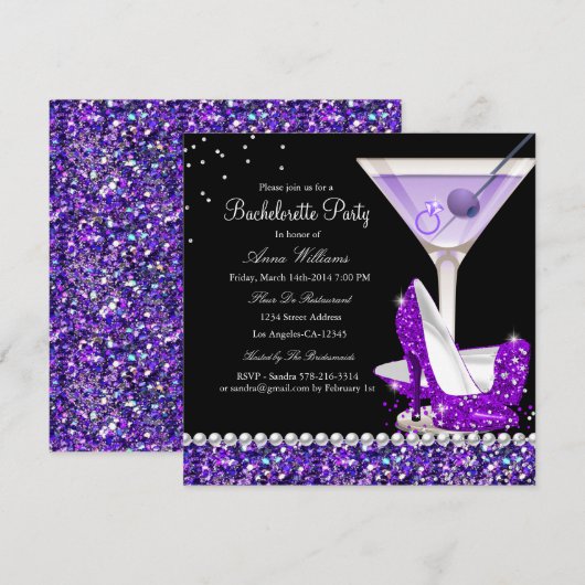 Paarse Glitter Pearl Bachelorette Party nodigt uit Kaart (Voorkant / Achterkant)