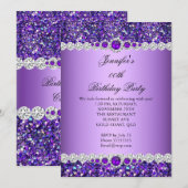 Paarse Glitter Pearl Diamond Birthday Party Kaart (Voorkant / Achterkant)