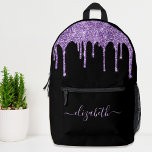 Paarse Glitter Persoonlijk Bedrukte Rugzak<br><div class="desc">Gepersonaliseerde chique,  elegante en girly zwarte rugzak met paarse faux glitter druppels. Personaliseer met jouw naam in een stijlvol trendy licht paarse script met swashes. U kunt de grootte van het scriptlettertype aanpassen in het ontwerpgereedschap voor kortere of langere namen.</div>