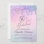 Paarse Glitter Pink Virtual 50th Birthday Party Kaart (Voorkant)