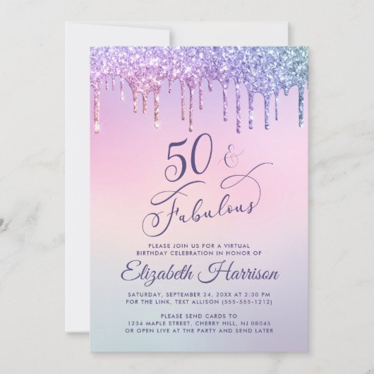 Paarse Glitter Pink Virtual 50th Birthday Party Kaart (Voorkant)