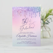 Paarse Glitter Pink Virtual 50th Birthday Party Kaart (Staand voorkant)