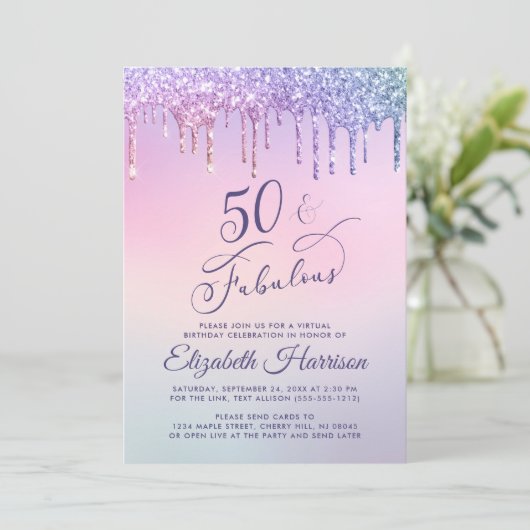 Paarse Glitter Pink Virtual 50th Birthday Party Kaart (Staand voorkant)