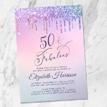 Paarse Glitter Pink Virtual 50th Birthday Party Kaart<br><div class="desc">Elegant en chic 50ste virtuele verjaardagsfeestuitnodiging met "50 & Fabulous" in een donker paars stijlvol script met een regenboog van paars,  roze,  blauw en groen goudglitter die van bovenaf druppelt. U kunt de online partijdetails in donkere paarse typografie gemakkelijk toevoegen.</div>