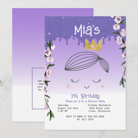 Paarse Glitter Prinses Meisjes Verjaardag Kaart (Voorkant / Achterkant)