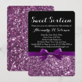 Paarse Glitter Print Bow Sweet 16 Feestuitnodiging Kaart (Voorkant / Achterkant)