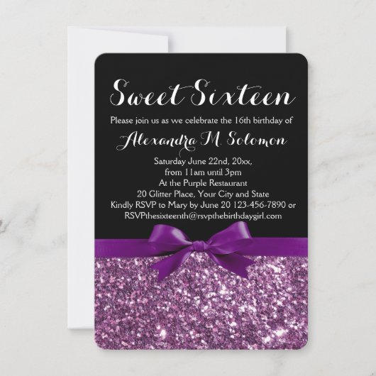 Paarse Glitter Print Bow Sweet 16 Feestuitnodiging Kaart (Voorkant)