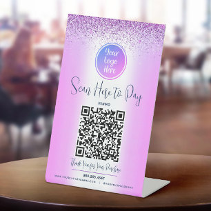 Paarse Glitter QR-code Aangepaste Logo Scan Hier b Reclamebord Met Voetstuk