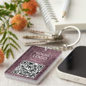 Paarse Glitter QR-code Visitekaartje uw Logo Sleutelhanger (Voorkant Rechts)