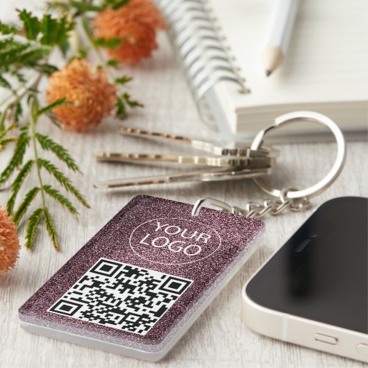 Paarse Glitter QR-code Visitekaartje uw Logo Sleutelhanger (Voorkant Rechts)