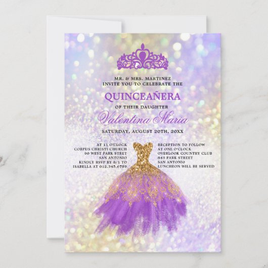 Paarse Glitter Quinceaneara Partij Kaart (Voorkant)