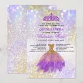 Paarse Glitter Quinceaneara Partij Kaart (Voorkant / Achterkant)