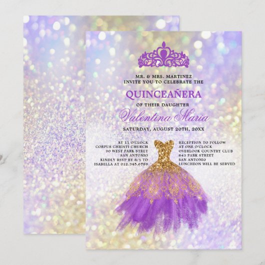 Paarse Glitter Quinceaneara Partij Kaart (Voorkant / Achterkant)