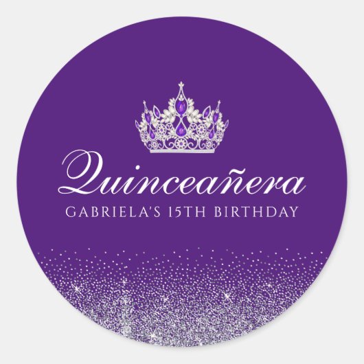 Paarse Glitter Quinceanera Ronde Sticker (Voorkant)